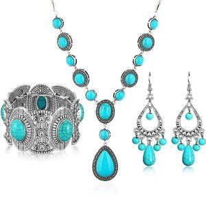 Retro Geometric Turquoise Bracelet, Earrings & Necklace Set